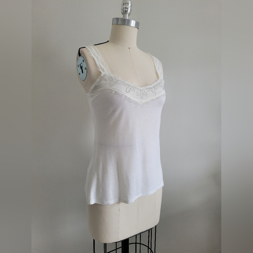 Y2K Old Navy cream colour tank top with beaded neckline and frayed detail